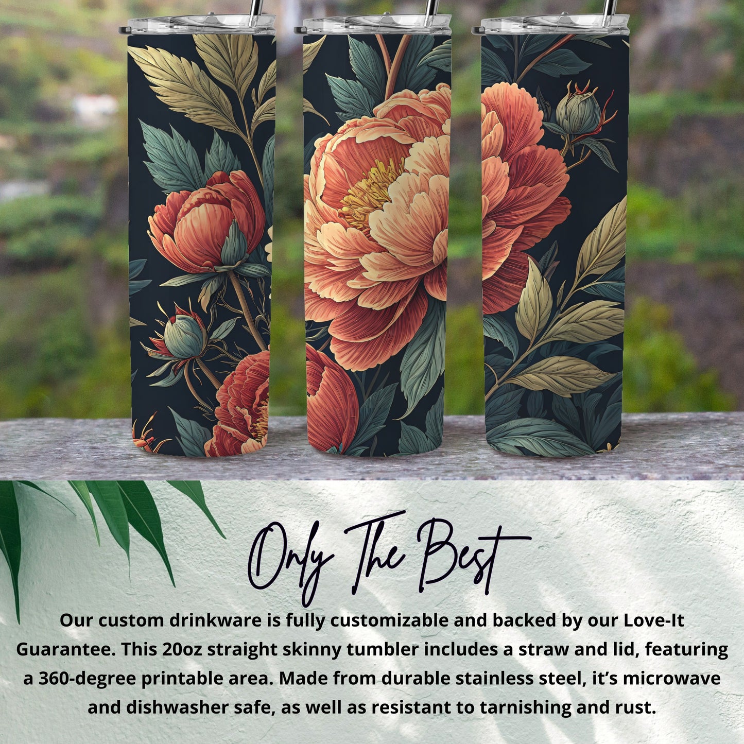 Floral Pattern Skinny Tumbler with Lid and Straw