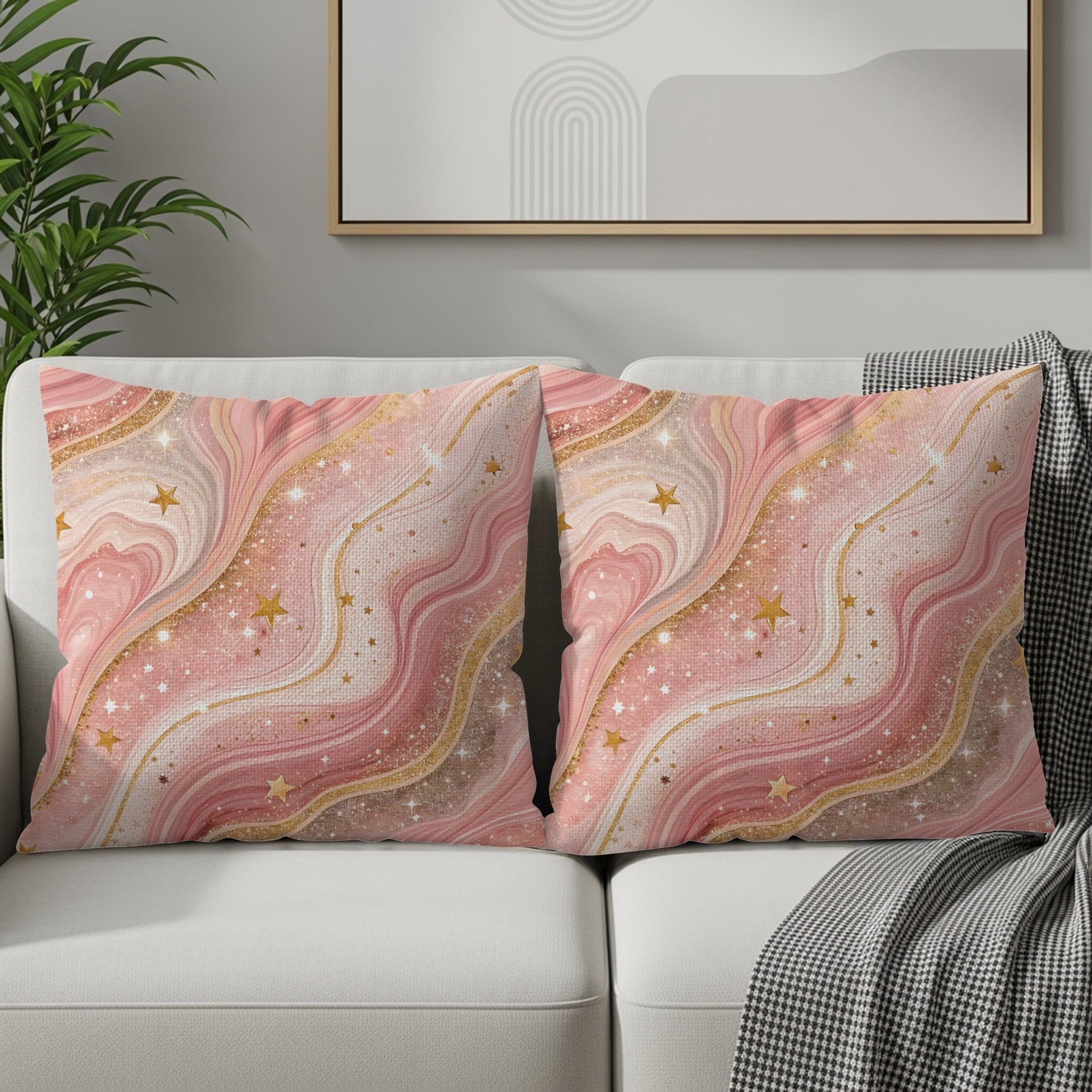 Pink Gold Star Flowing Abstract Design Pattern Throw Pillows - Walk Greener