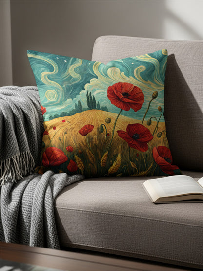 Red Poppies in Wheat Field and Blue Sky Painting Throw Pillows - Walk Greener