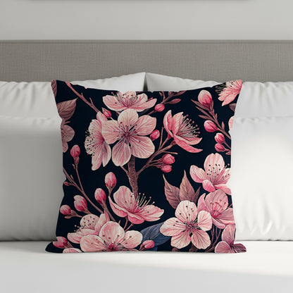 Delicate Pink Blossoms on Dark Branching Decorative Floral Throw Pillows - Walk Greener