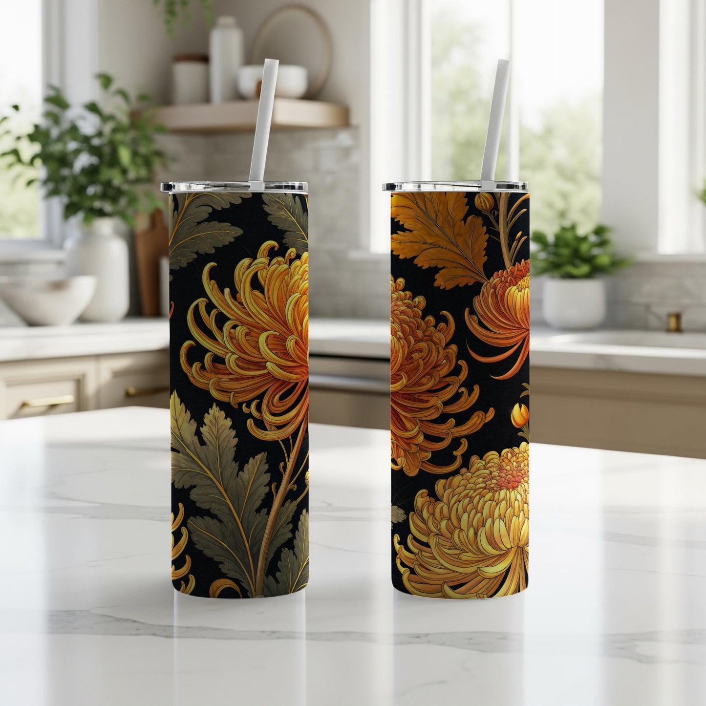 Exquisite Golden Chrysanthemum Floral Pattern Tumblers - Walk Greener
