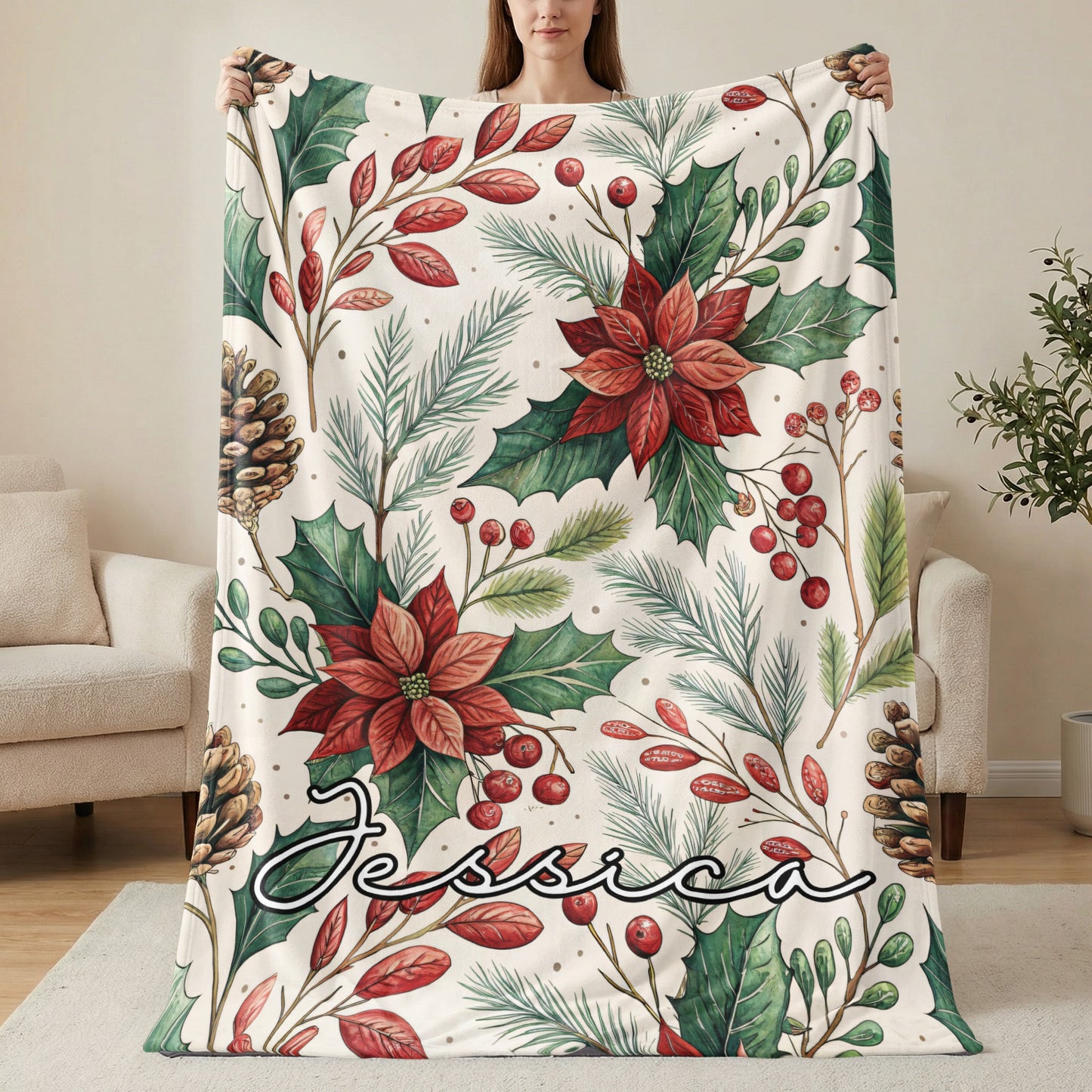 Personalized Christmas Poinsettia Design Blanket
