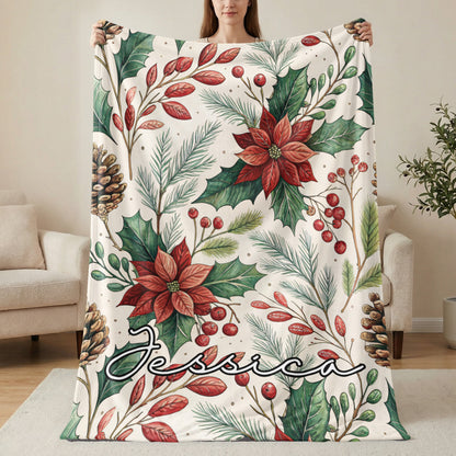 Personalized Christmas Poinsettia Design Blanket