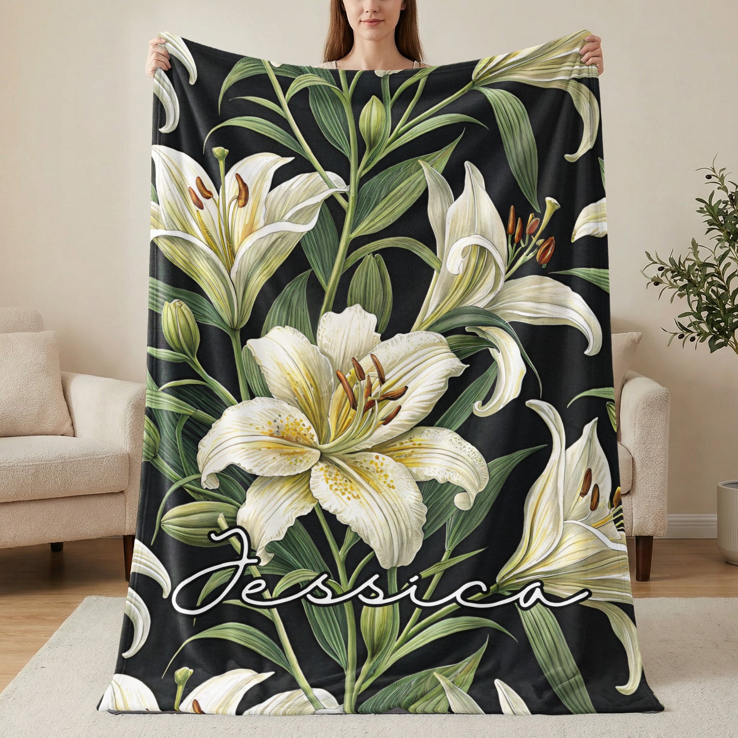 Personalized Floral Name Blanket with White Lilies