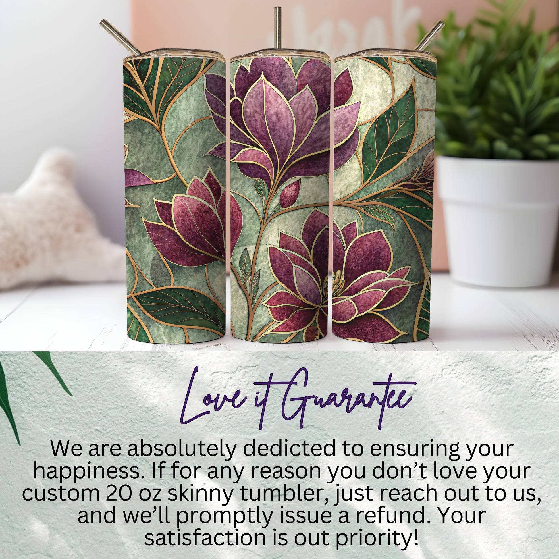 Magnolia Flowers in Watercolor Style Green Backdrop 20 oz Skinny Tumbler - Walk Greener