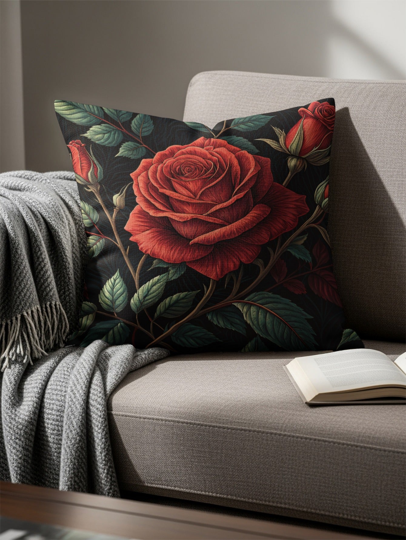 Crimson Roses Floral Arrangement Decorative Floral Throw Pillows - Walk Greener