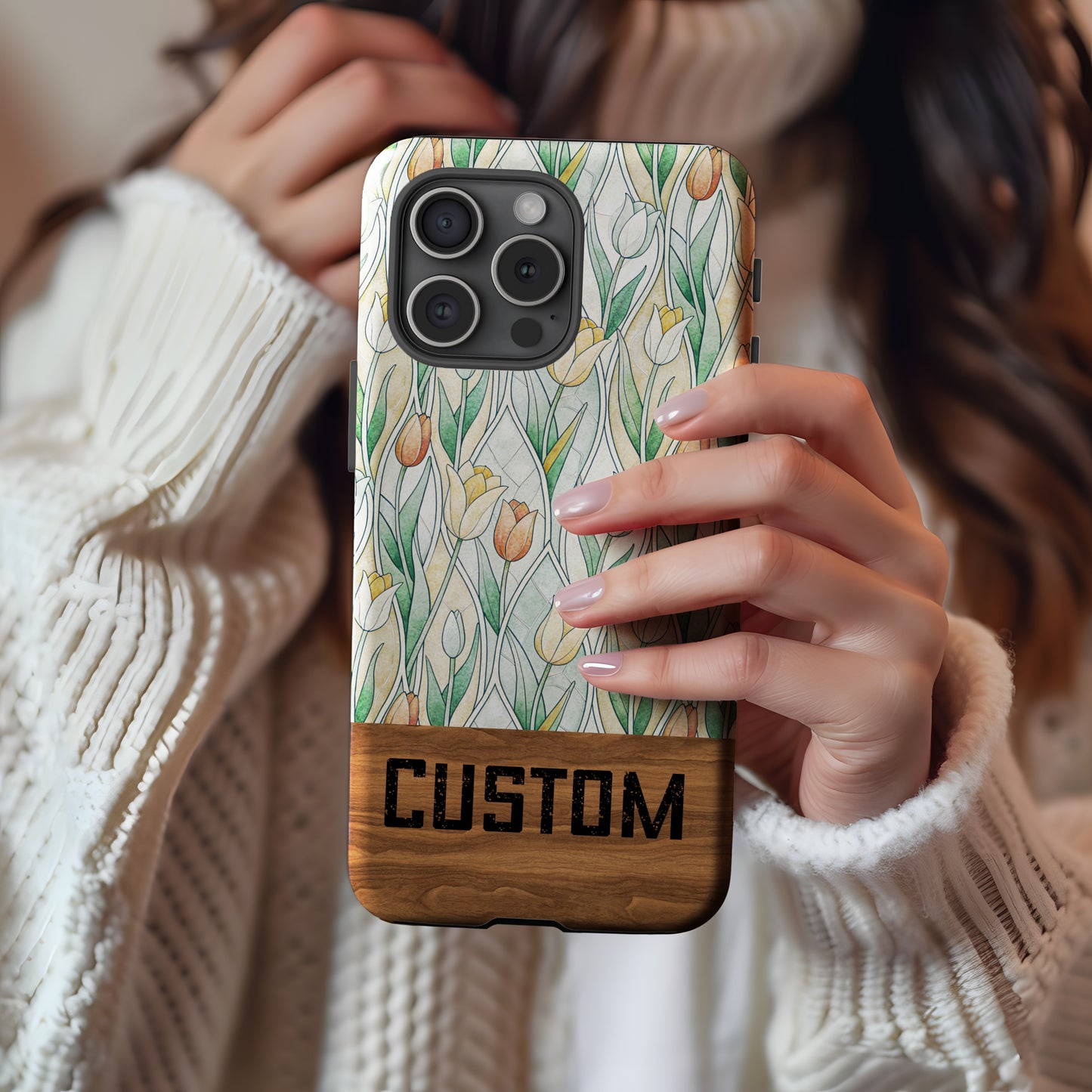 Custom Floral Design Phone Case with Wood Accent