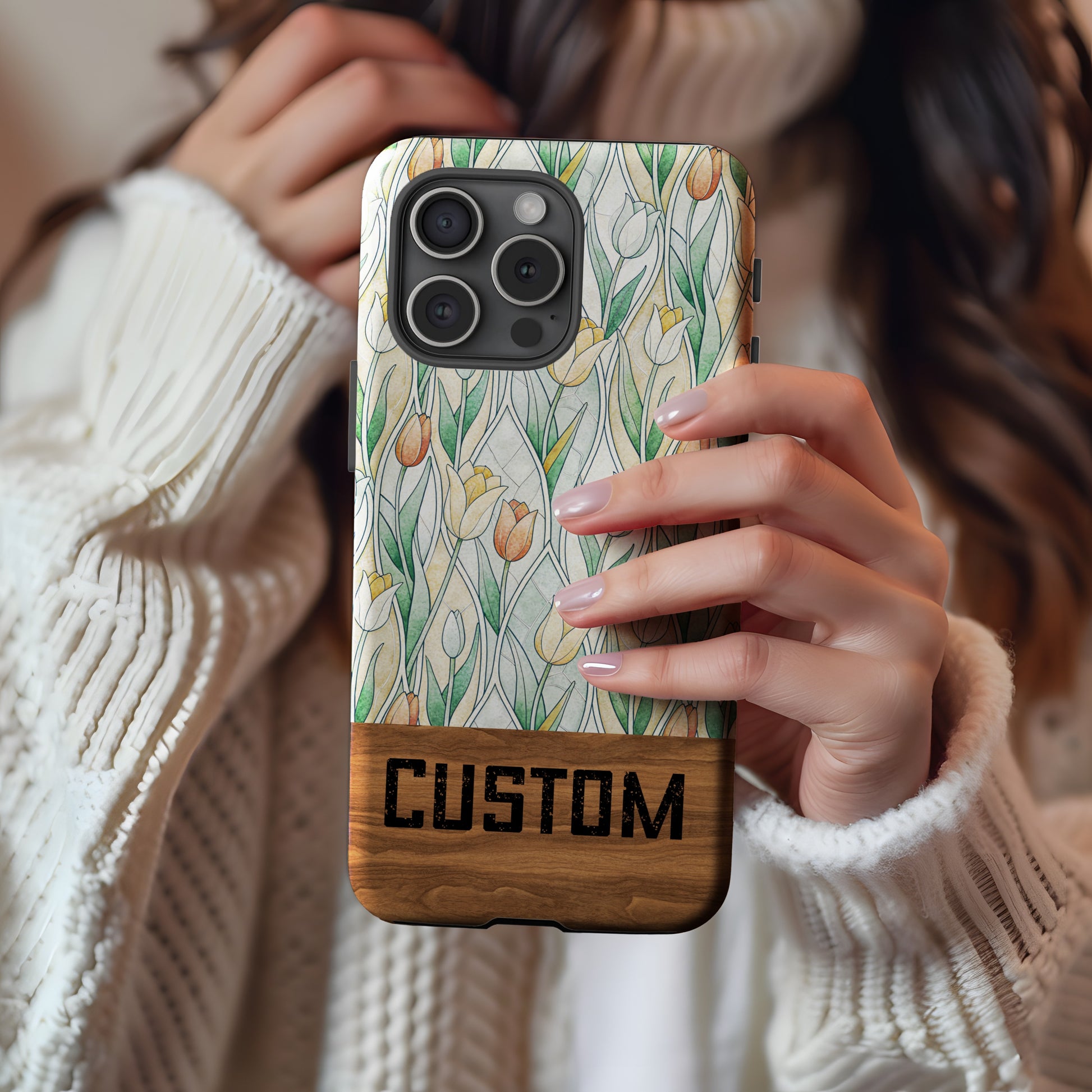 Custom Floral Design Phone Case with Wood Accent