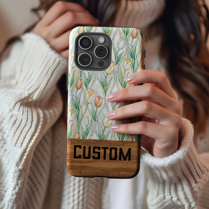 Custom Floral Design Phone Case with Wood Accent