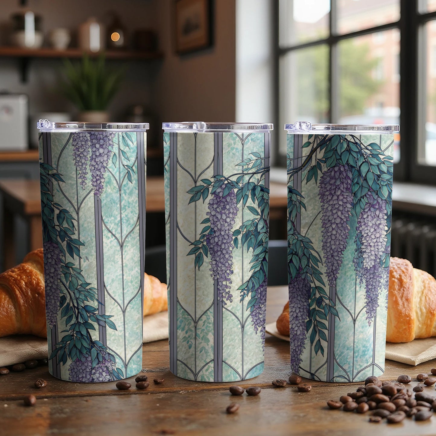 Wisteria Flowers At Faux Stained Glass Window 20 oz Skinny Tumbler - Walk Greener