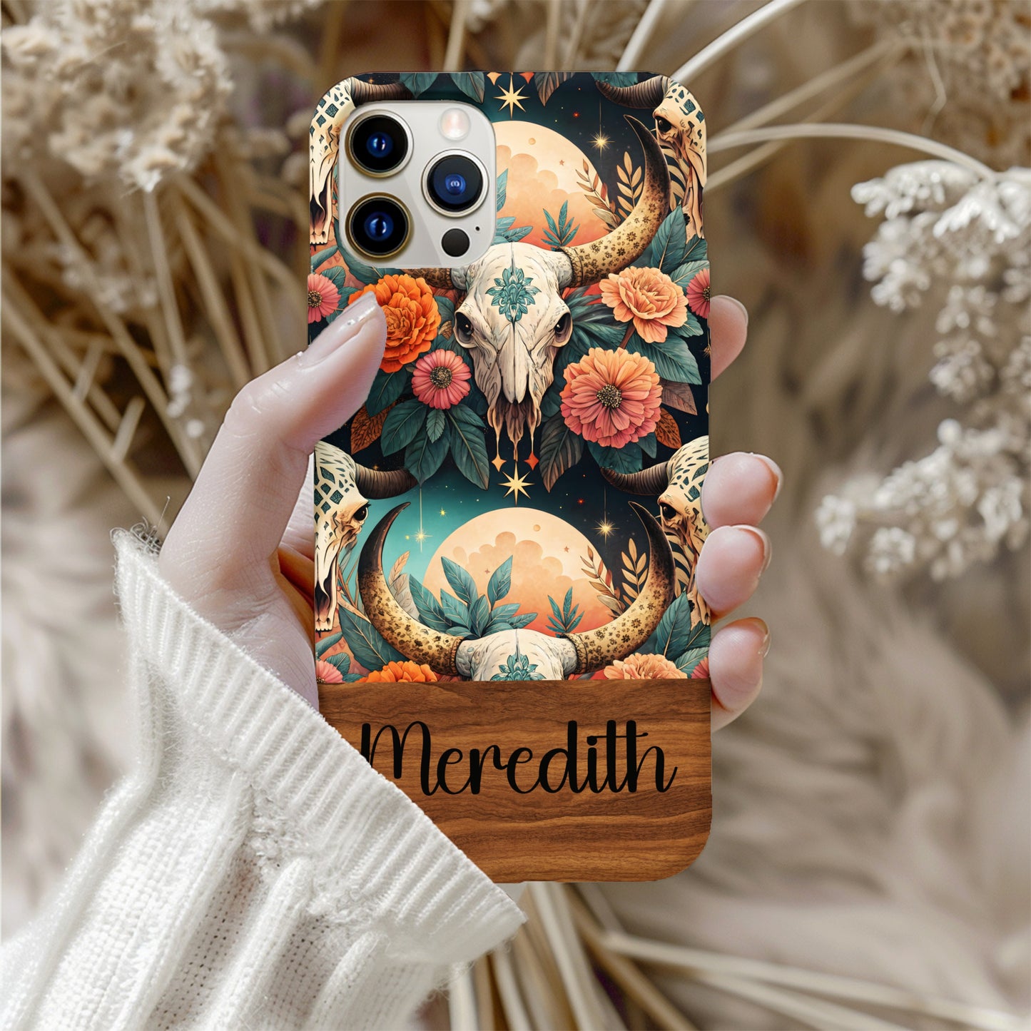 Personalized Boho Skull and Floral Custom Name Phone Case
