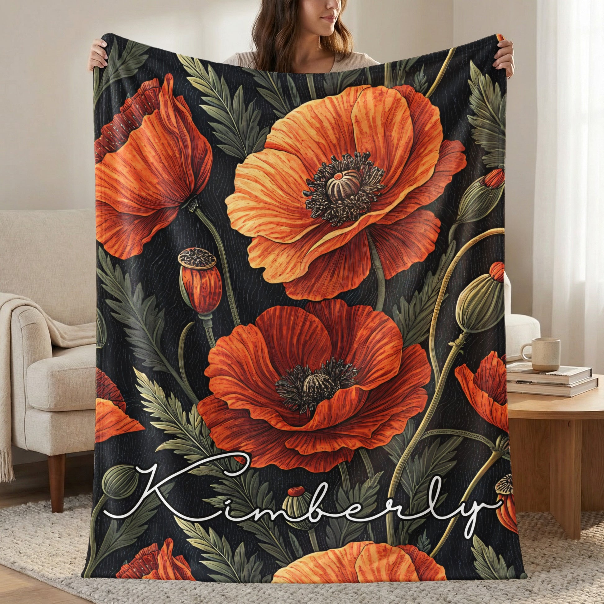 Personalized Floral Poppy Blanket with Kimberly Text