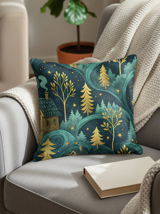 Night Sky Homes And Golden Trees Pattern Throw Pillows - Walk Greener