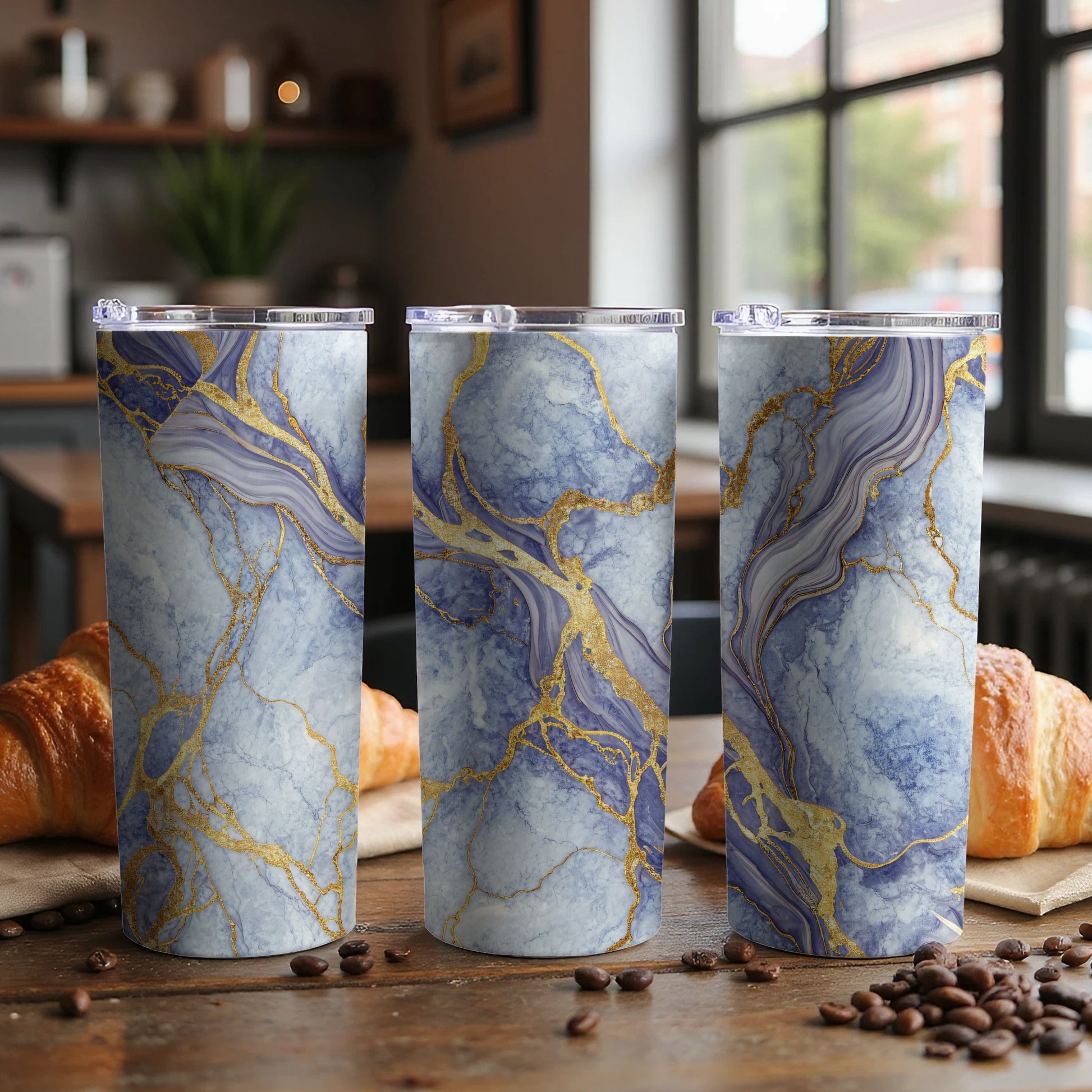 Elegant Blue and Gold Marble Patterned Tumbler Cups