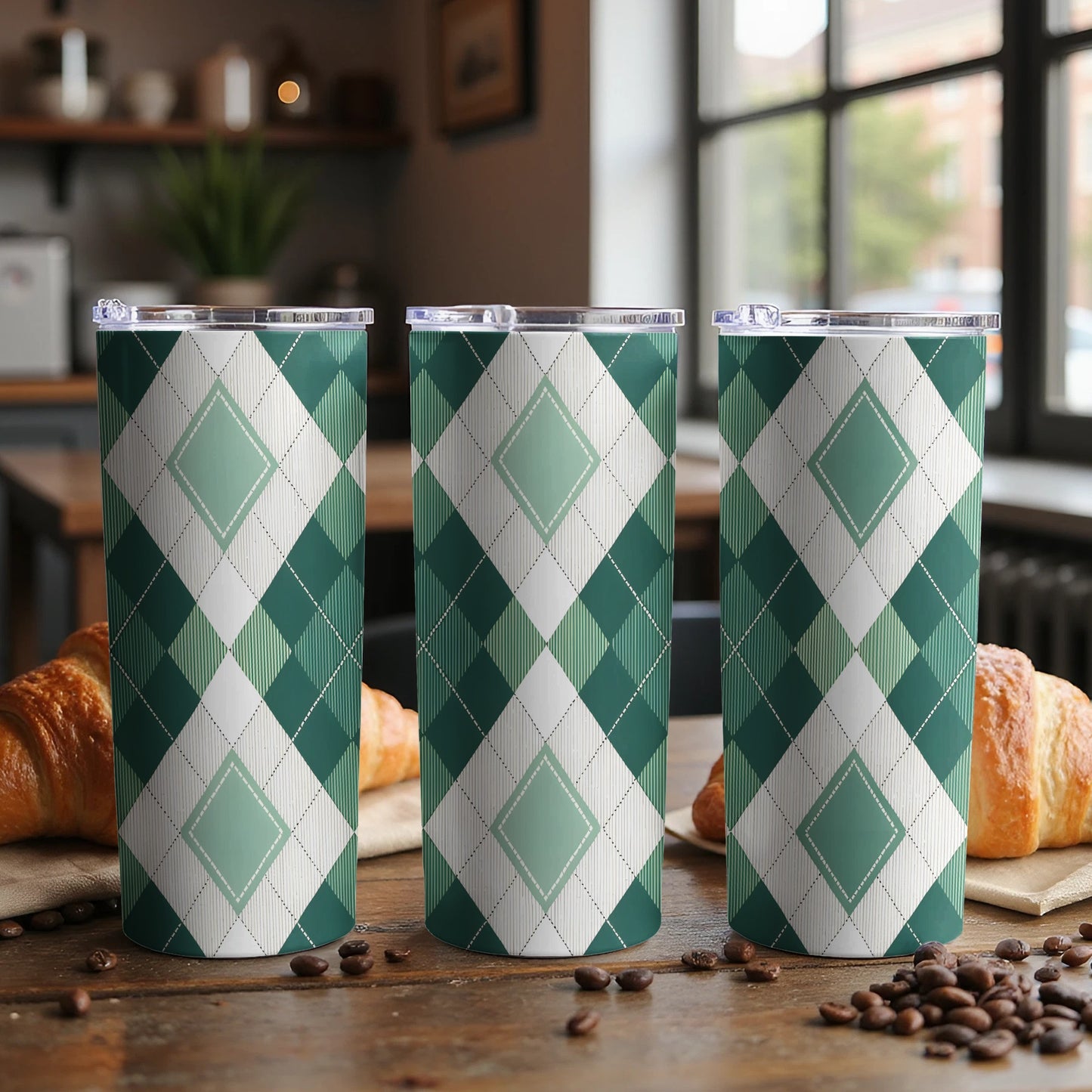 Argyle Pattern with Green and White Squares Design Tumbler - Walk Greener