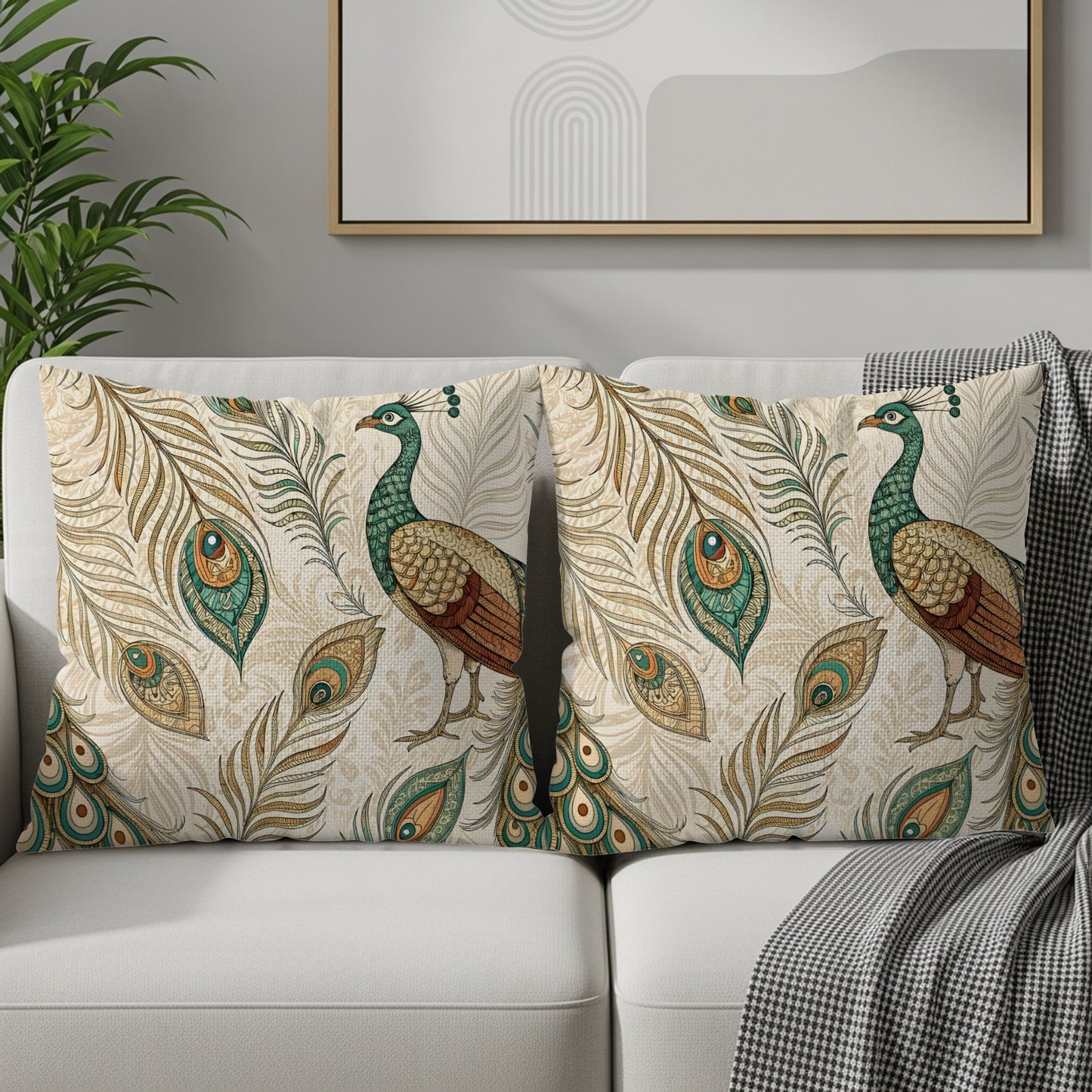 Elegant Peacock and Feathers Design Pillow Cover
