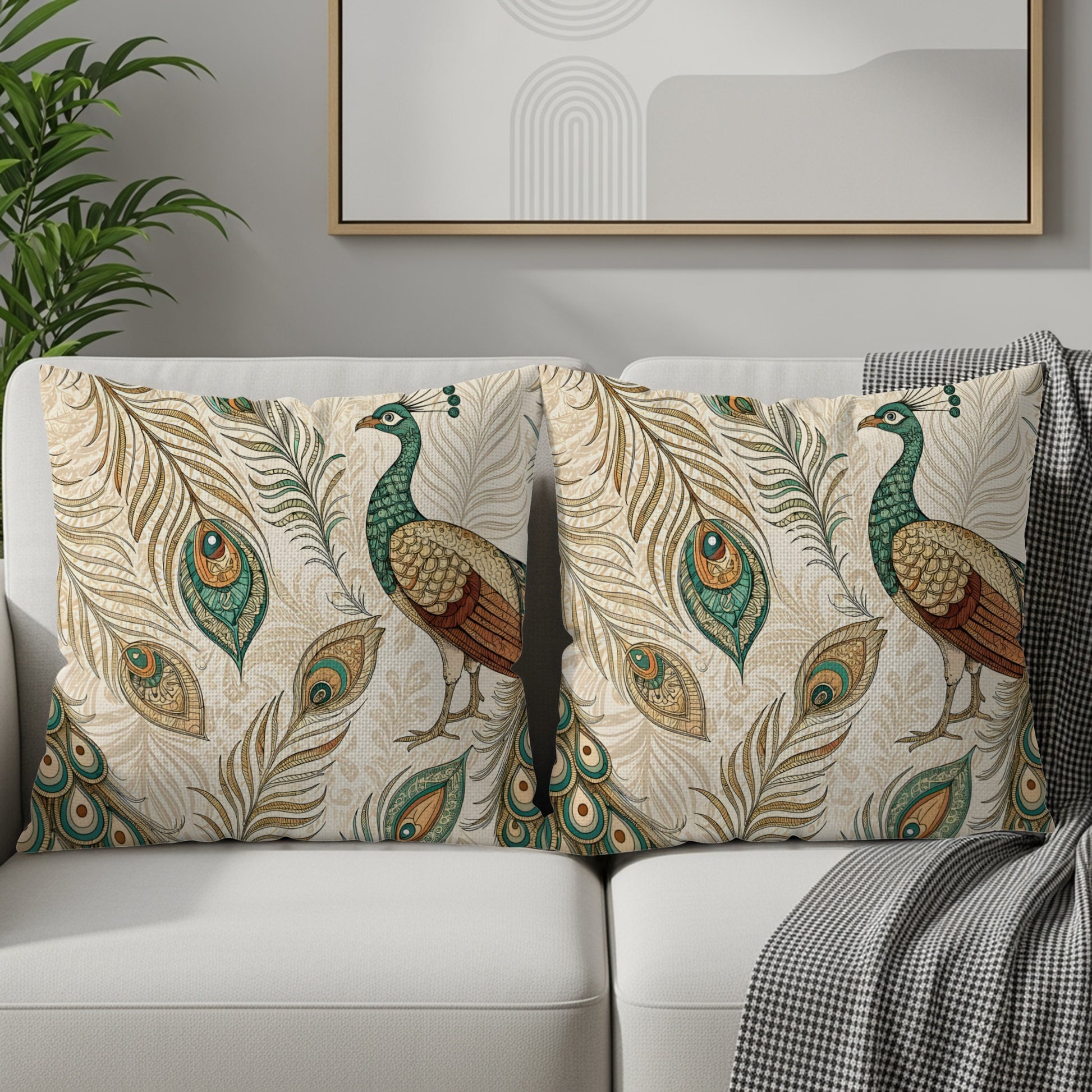 Elegant Peacock and Feathers Design Pillow Cover