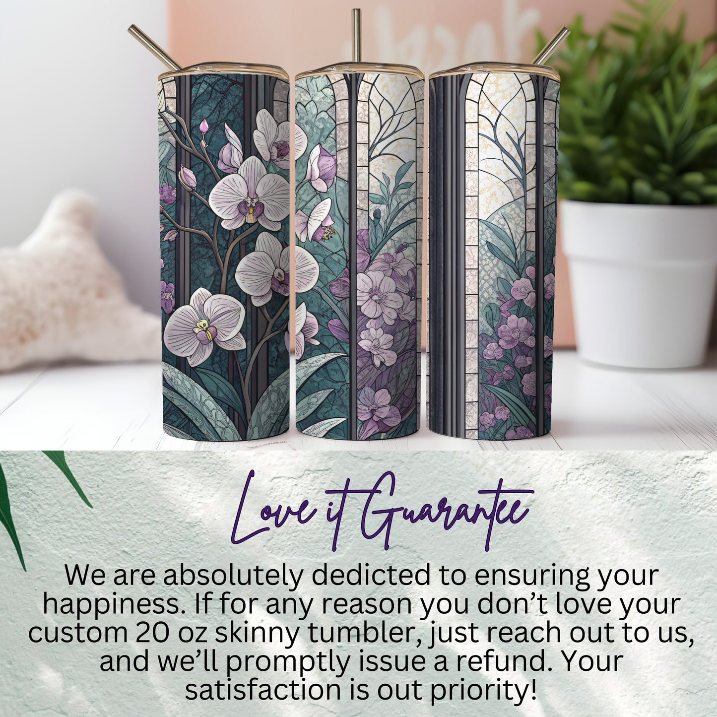 Stained Glass with Orchids and Blooms Pattern Art 20 oz Skinny Tumbler - Walk Greener