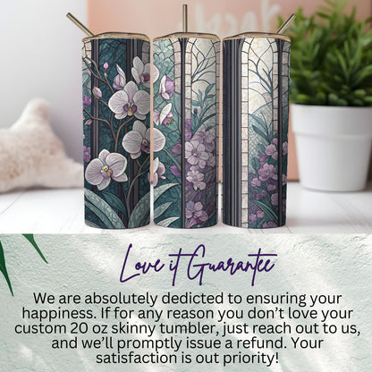 Stained Glass with Orchids and Blooms Pattern Art 20 oz Skinny Tumbler - Walk Greener