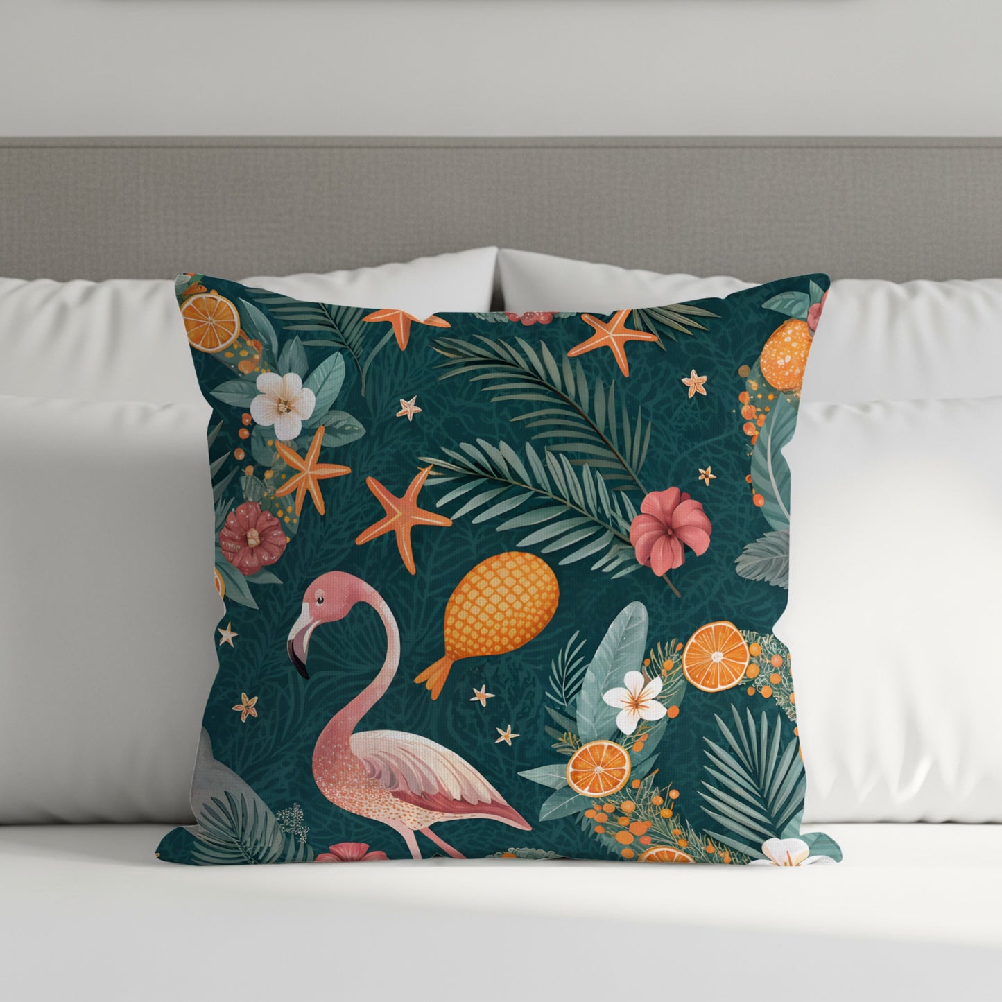 Tropical Flamingo Birds Palms Oranges Starfish Dark Teal Throw Pillows - Walk Greener