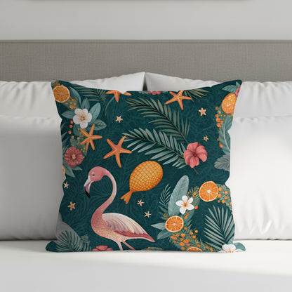 Tropical Flamingo Birds Palms Oranges Starfish Dark Teal Throw Pillows - Walk Greener