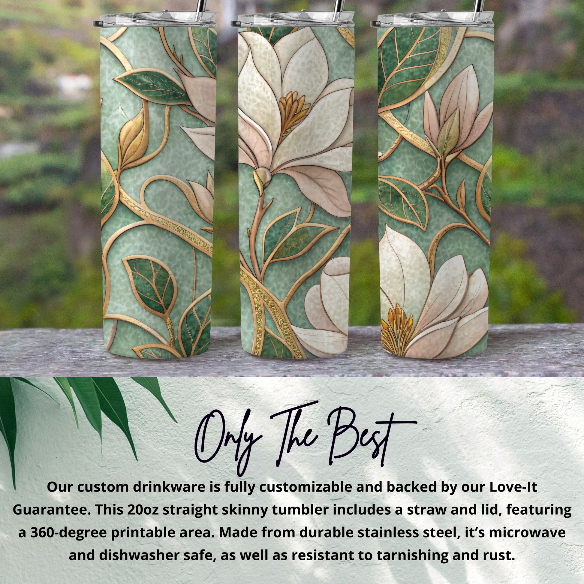 Floral Bloom Magnolia on Mint Green Background 20 oz Skinny Tumbler - Walk Greener