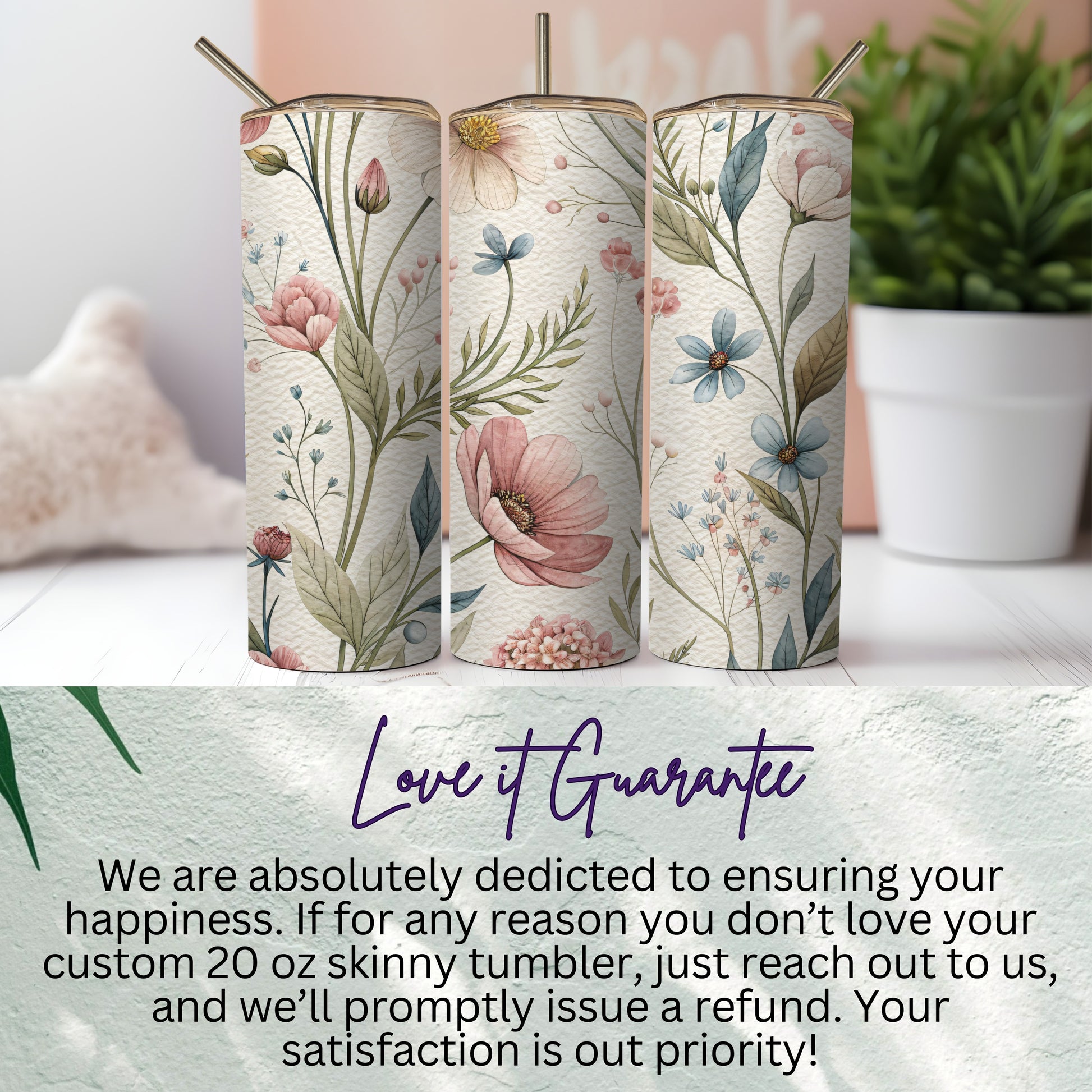 Watercolor Floral Pattern With Pastel Background 20 oz Skinny Tumbler - Walk Greener