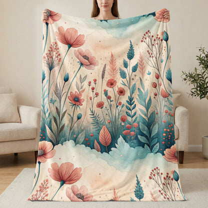 Watercolor Floral Meadow Peach Blossoms and Blue Sprigs - Walk Greener