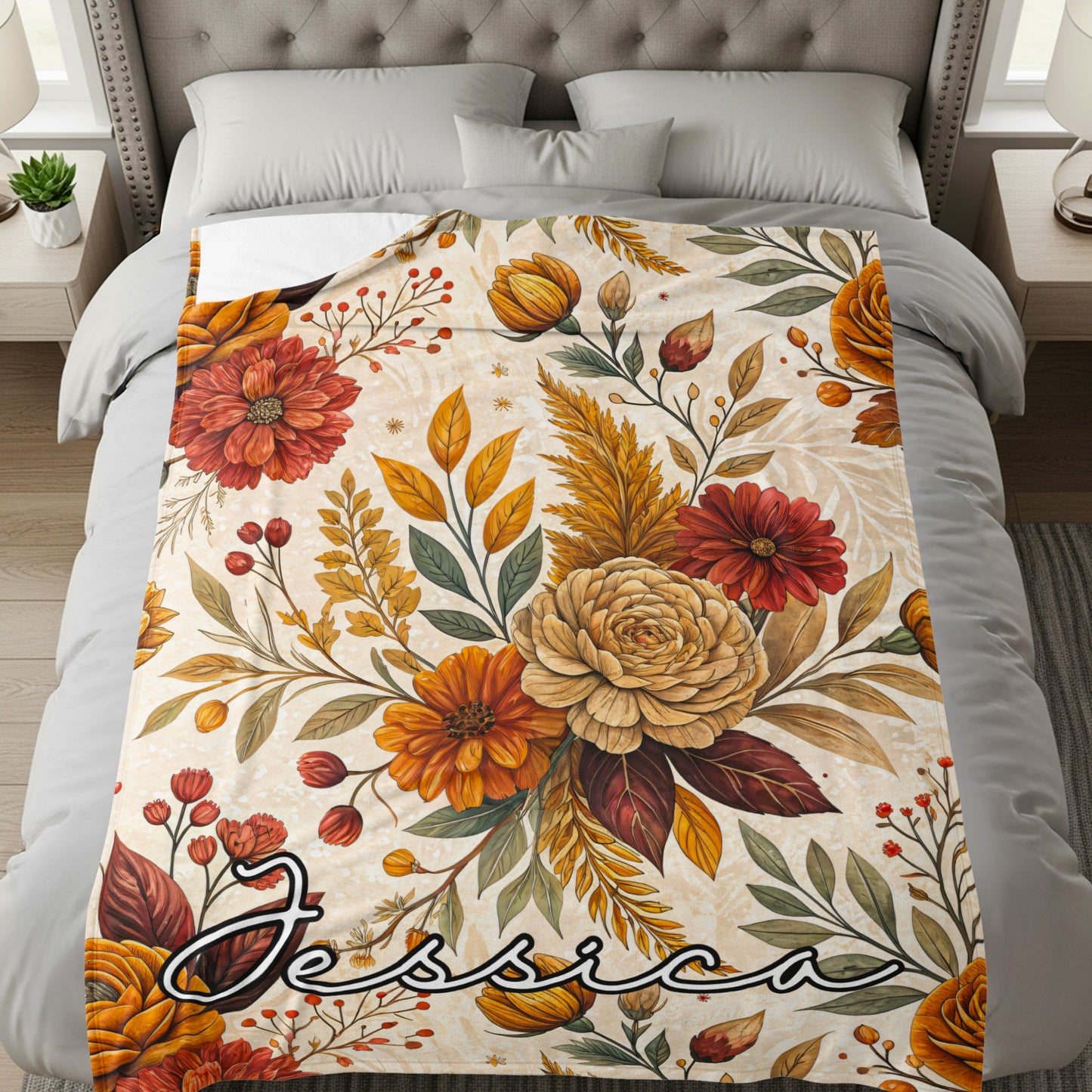Personalized Floral Jessica Blanket with Autumn Flowers Design