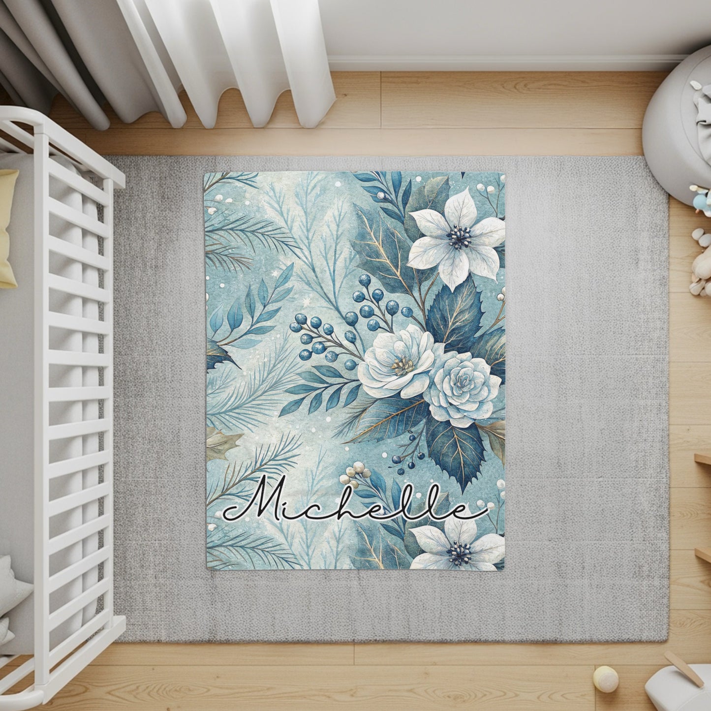 Floral Blue Personalized Michelle Nursery Rug