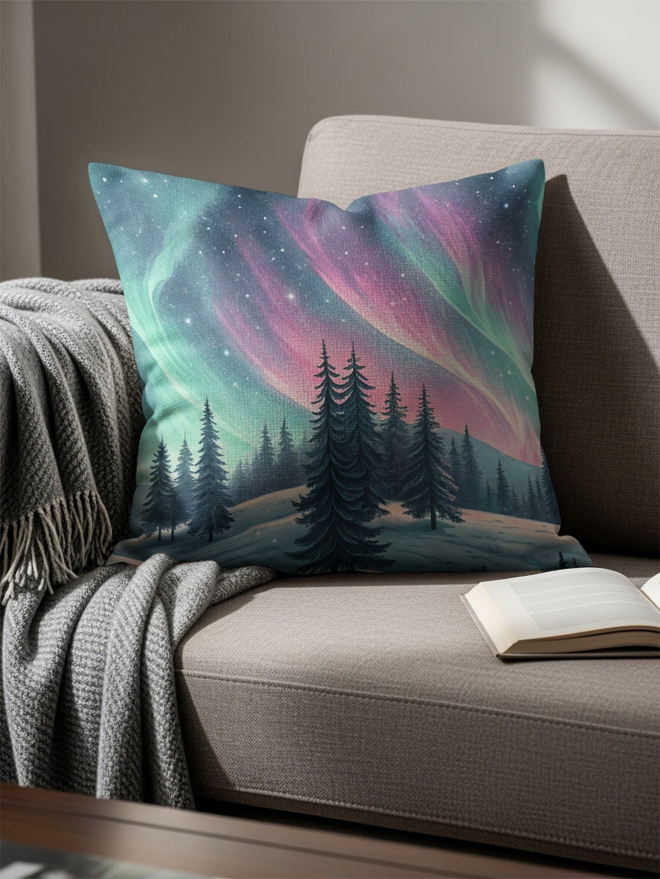 Northern Lights Forest Scenery Decorative Pillow