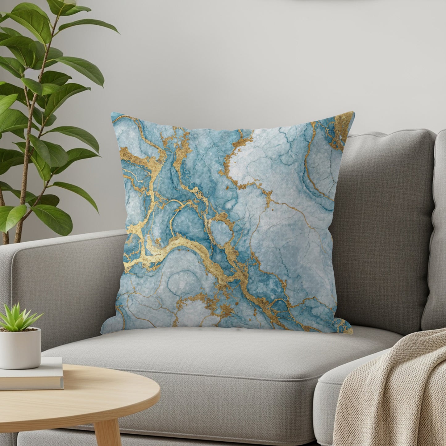 Abstract Gold Veins In Blue Art Decorative Floral Throw Pillows - Walk Greener