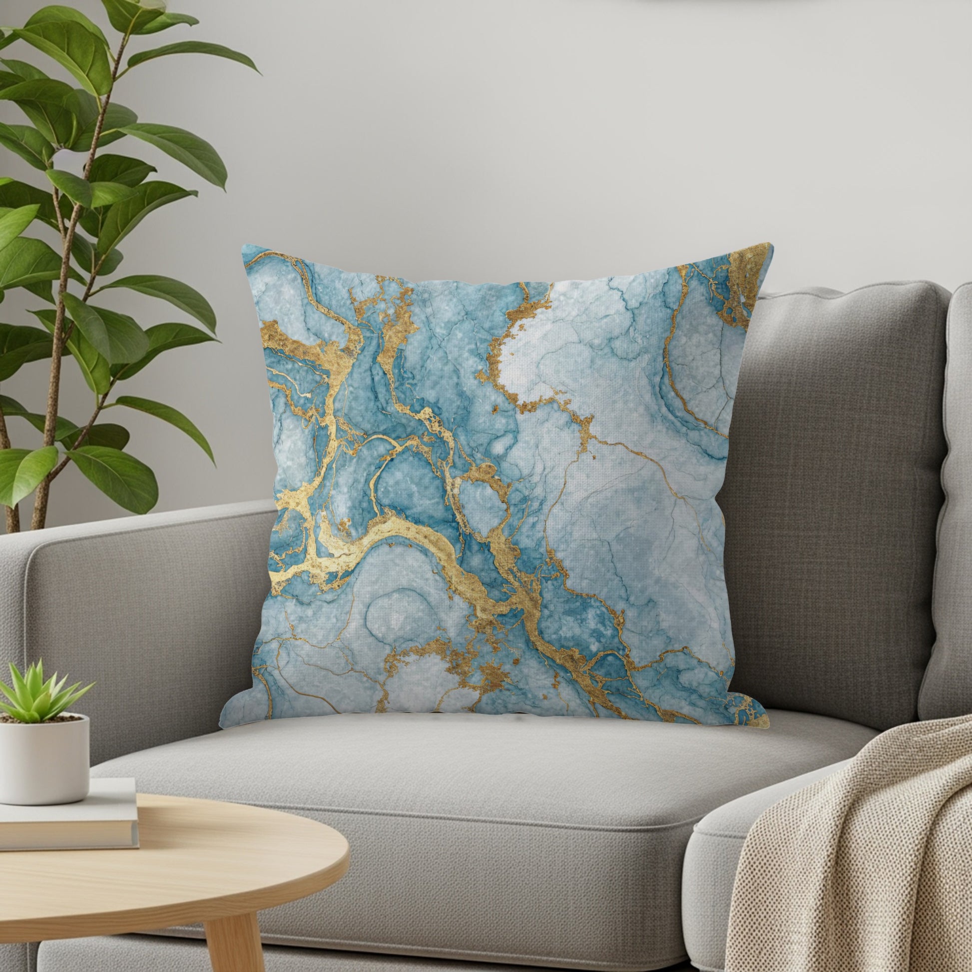 Abstract Gold Veins In Blue Art Decorative Floral Throw Pillows - Walk Greener