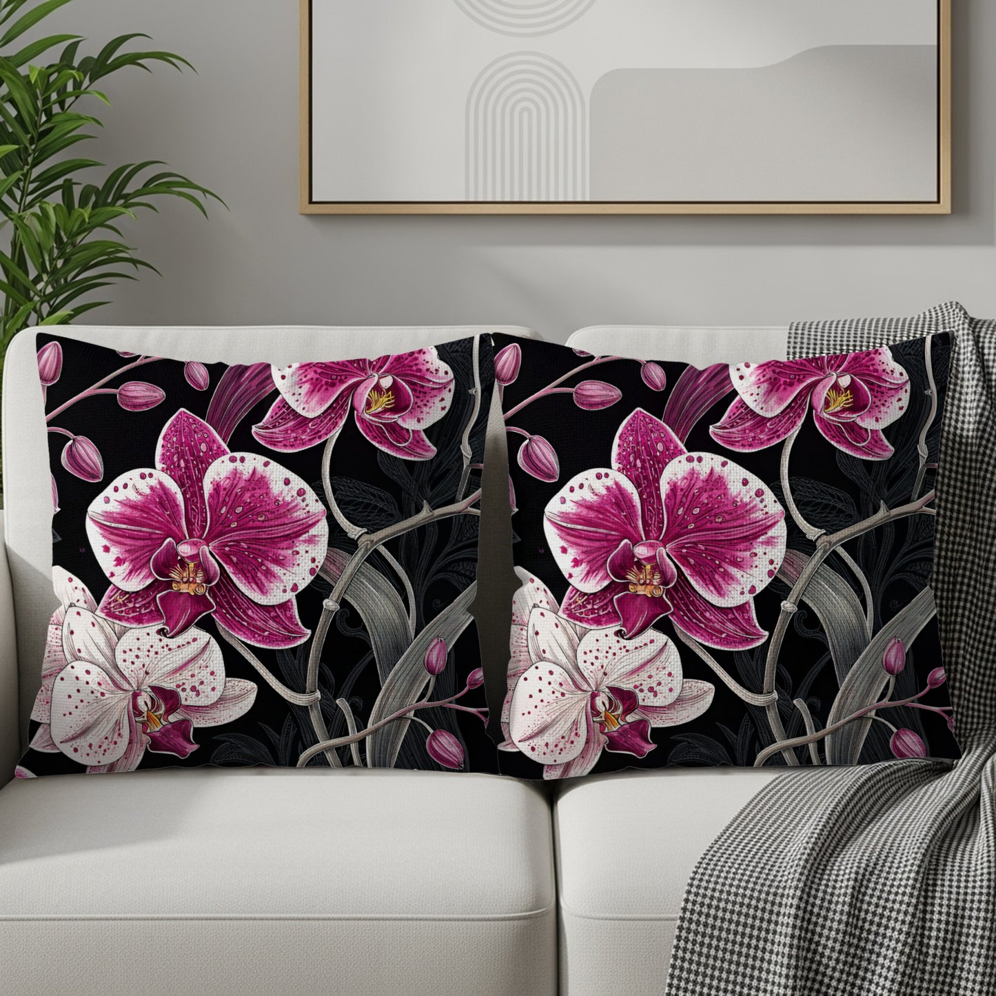Exotic Orchids on Black Elegant Decorative Floral Throw Pillows - Walk Greener