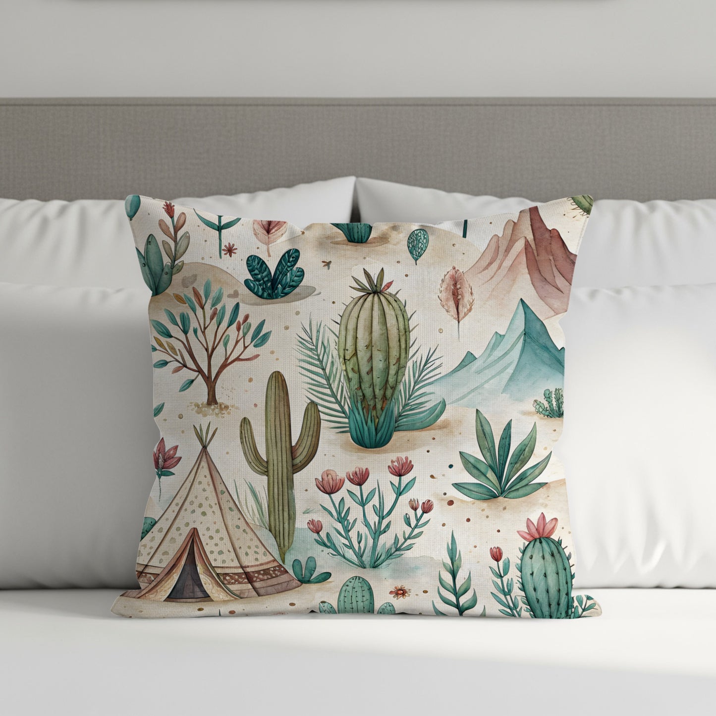 Watercolor Desert Scene Cactus and Tent Pattern Pillows & Pillow Cases - Walk Greener