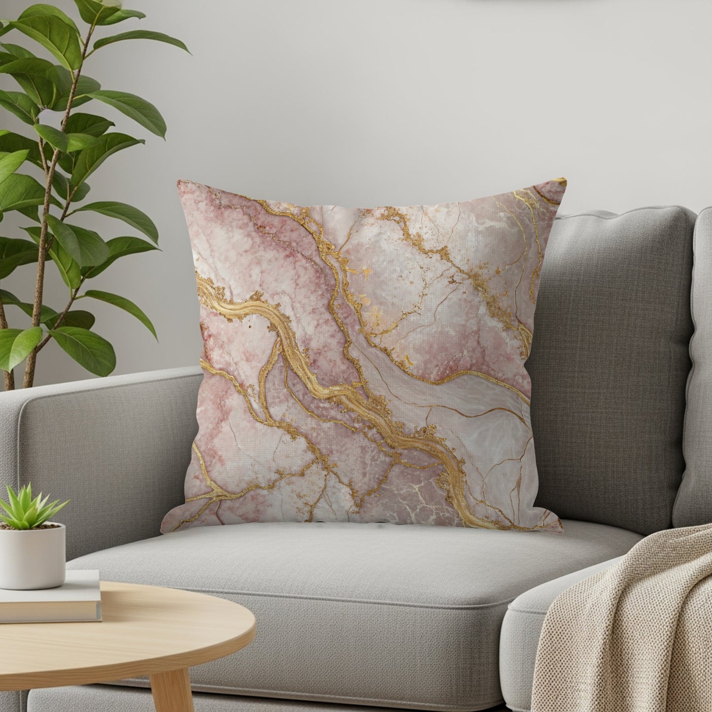 Elegant Pink and Gold Marble Pattern Throw Pillow
