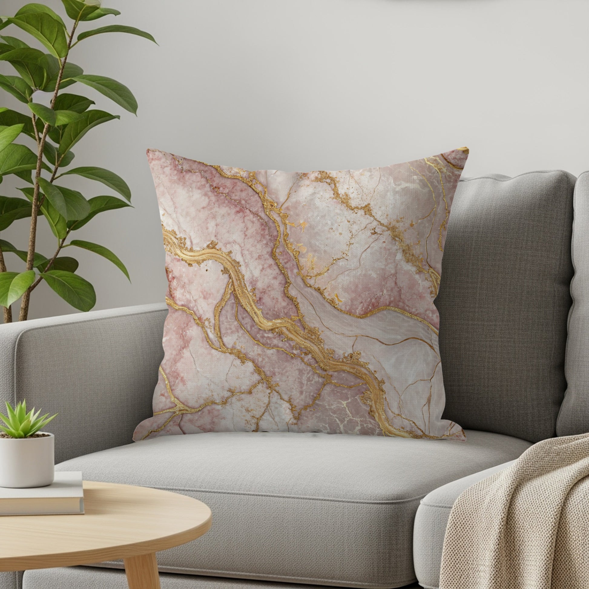 Elegant Pink and Gold Marble Pattern Throw Pillow