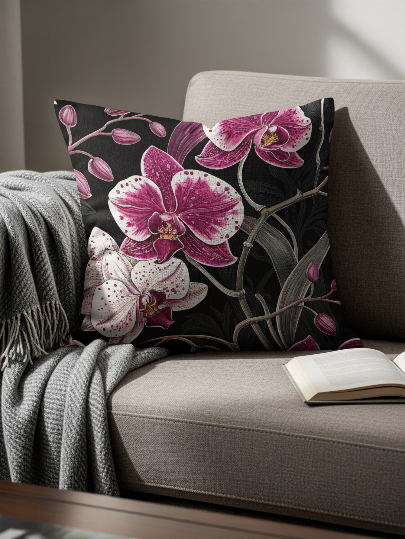 Exotic Orchids on Black Elegant Decorative Floral Throw Pillows - Walk Greener