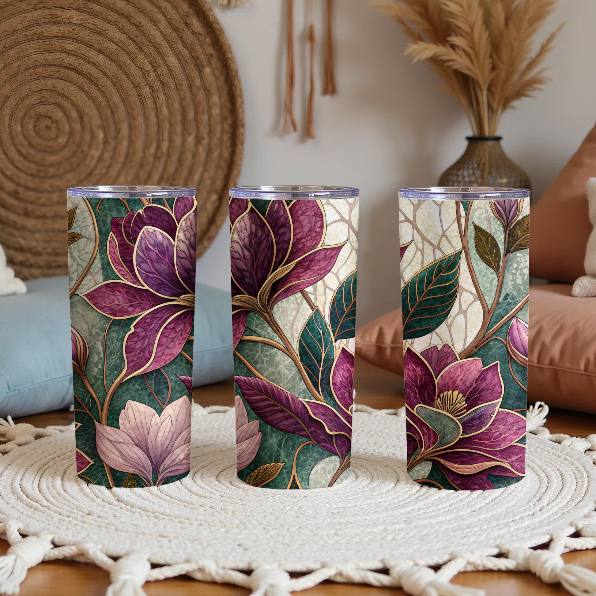 Floral Purple and Pink Detailed Leaves Design 20 oz Skinny Tumbler - Walk Greener