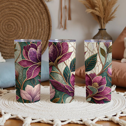 Floral Purple and Pink Detailed Leaves Design 20 oz Skinny Tumbler - Walk Greener
