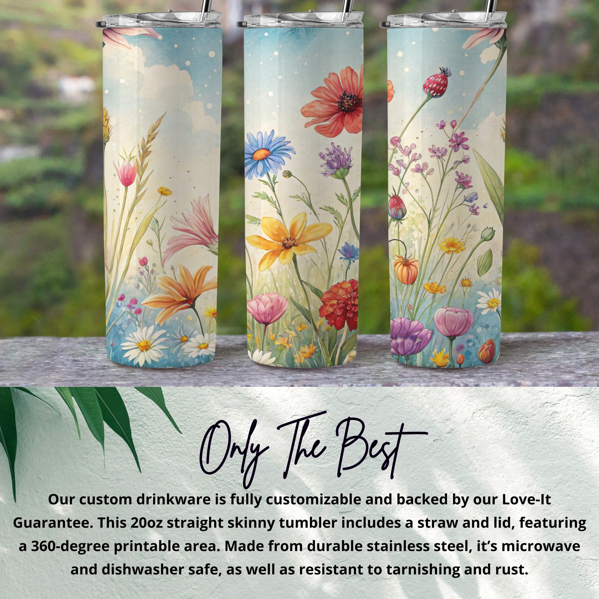 Watercolor Floral Field Design Perfect for 20 oz Skinny Tumbler - Walk Greener