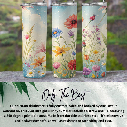 Watercolor Floral Field Design Perfect for 20 oz Skinny Tumbler - Walk Greener