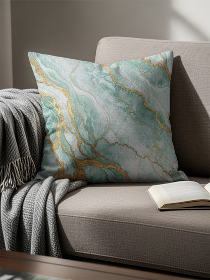 Elegant Green and Gold Marble Print Throw Pillow