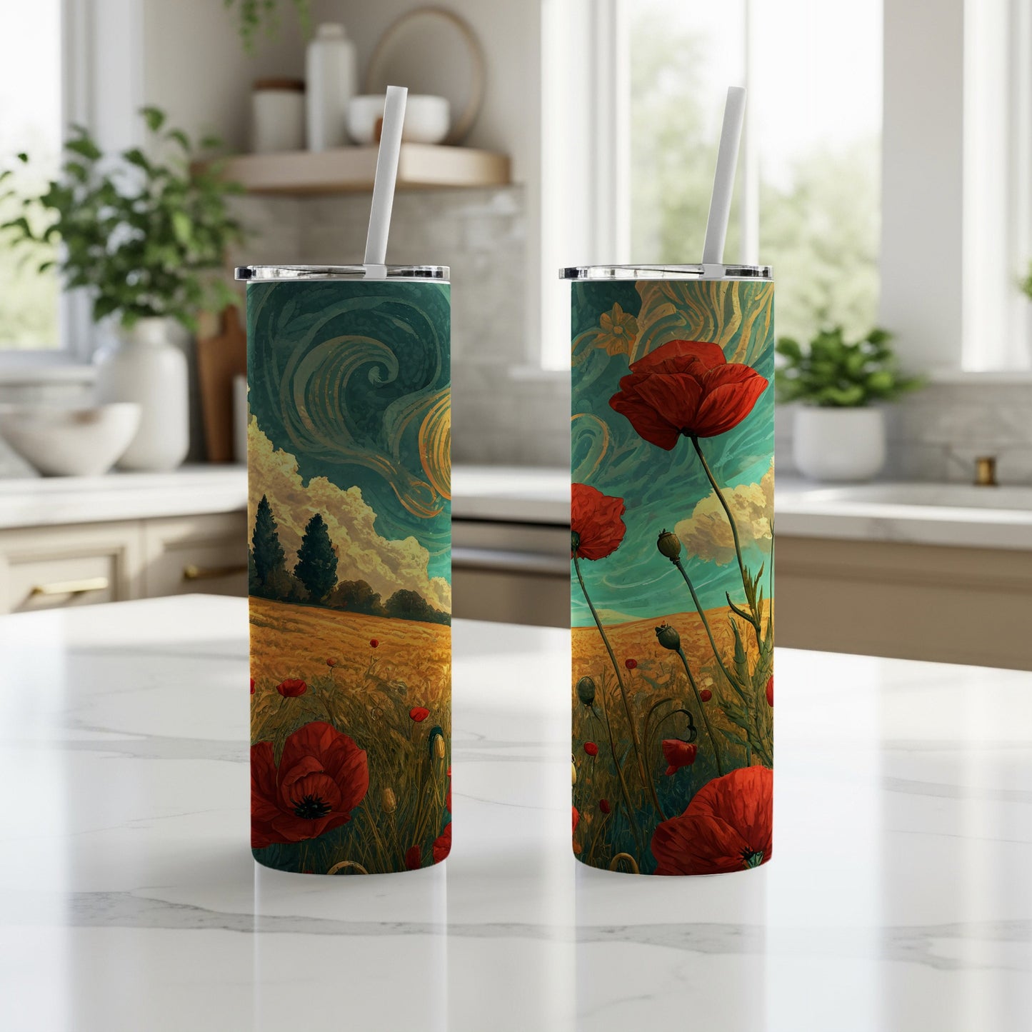 Vibrant Landscape and Poppy Field Design Tumbler