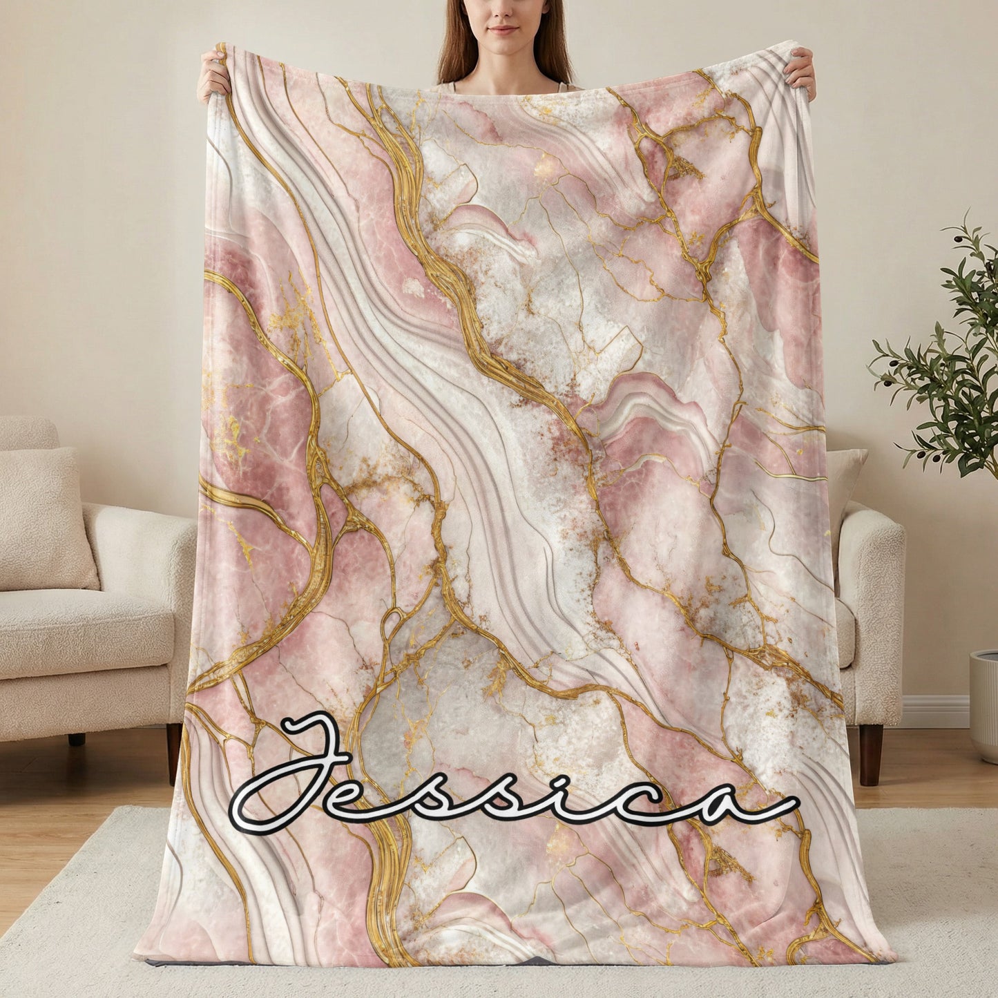 Pink Gold Marble Effect Custom Name Blanket Personalized - Walk Greener
