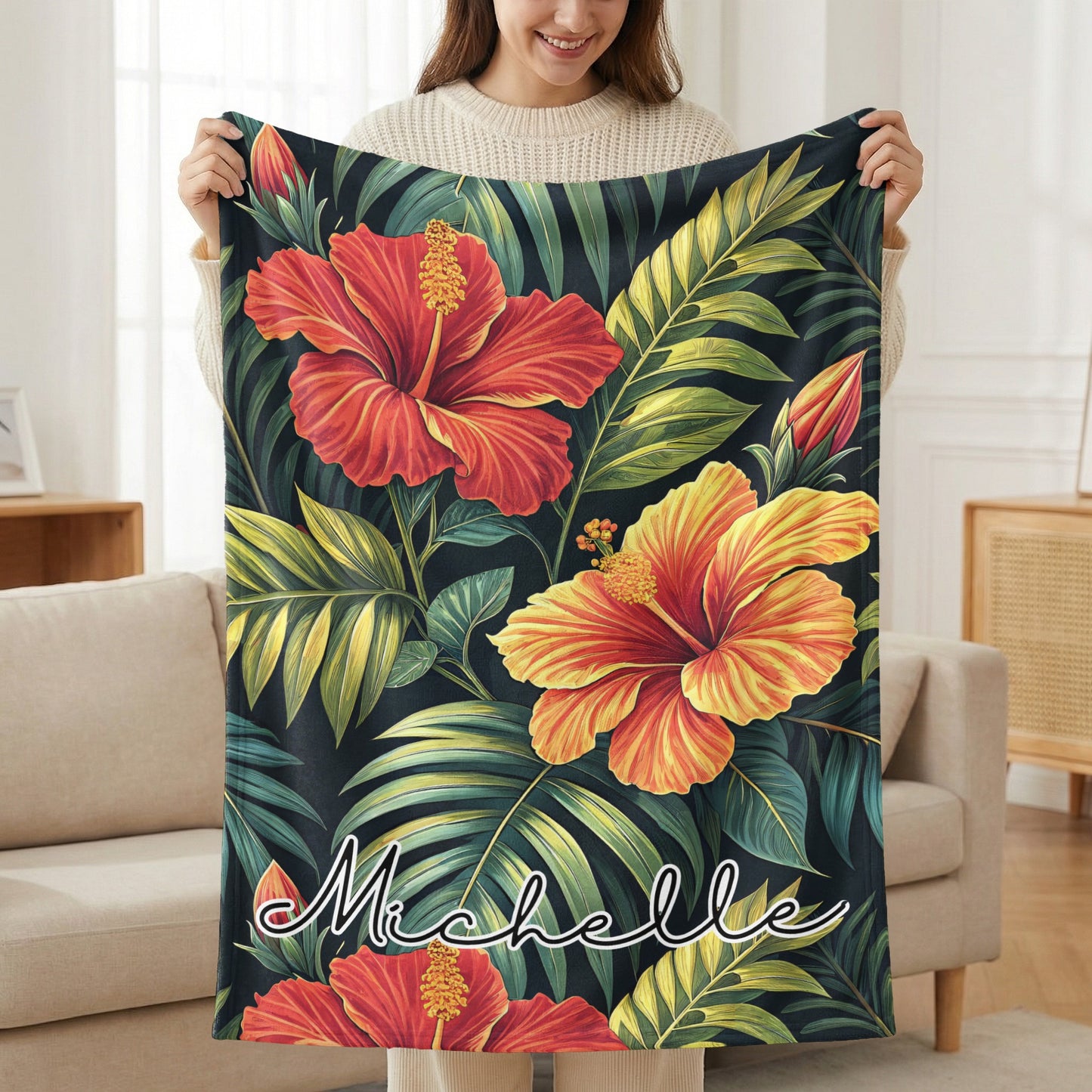 Tropical Hibiscus Flowers Custom Name Printed Blankets - Walk Greener