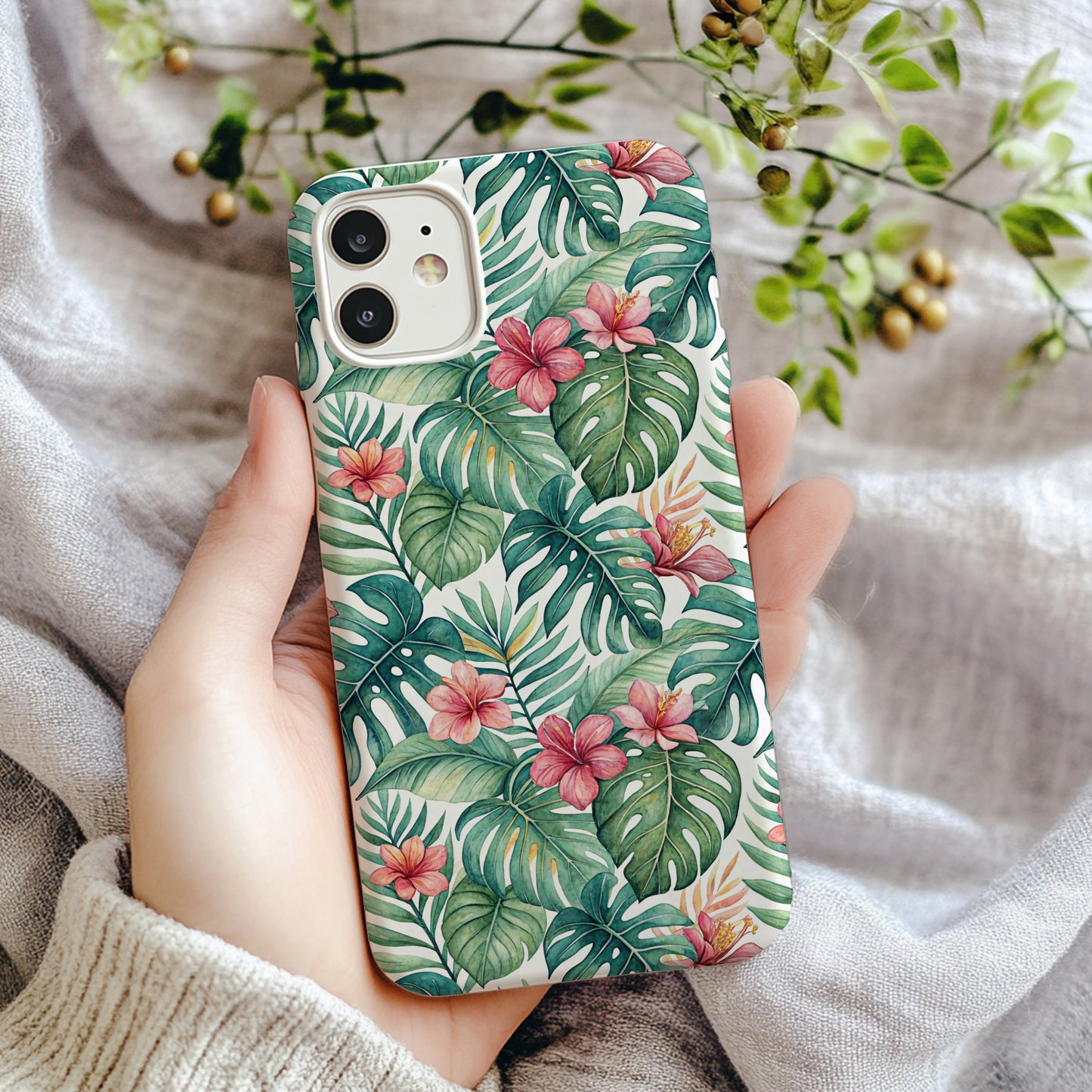 Tropical Floral Pattern Phone Case with Green Leaves