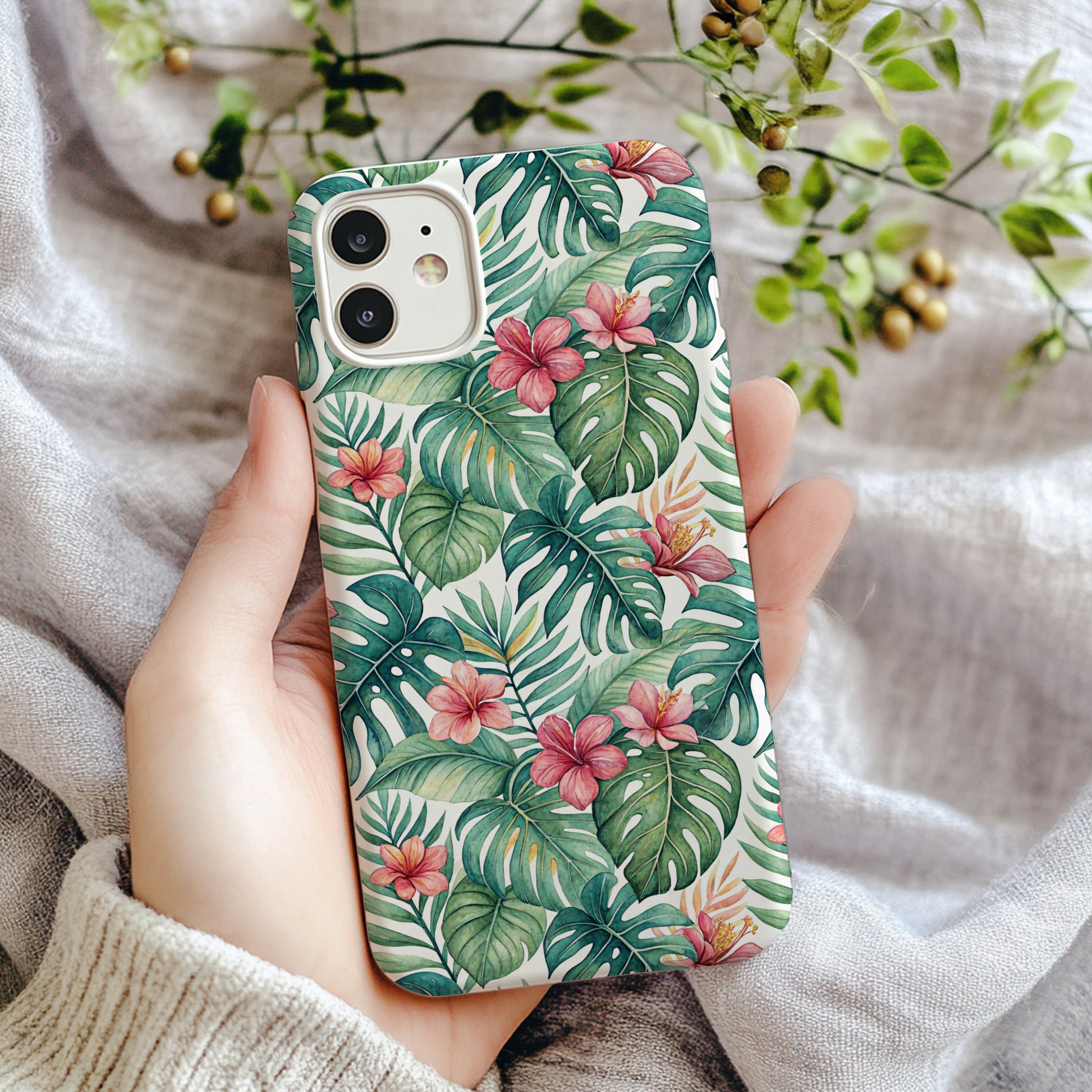 Tropical Floral Pattern Phone Case with Green Leaves