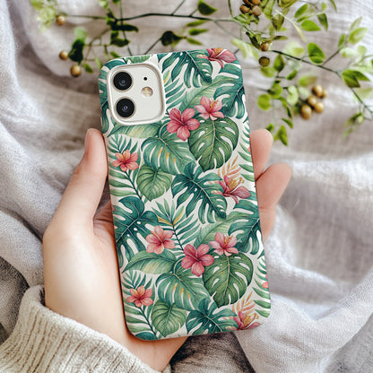 Tropical Floral Pattern Phone Case with Green Leaves