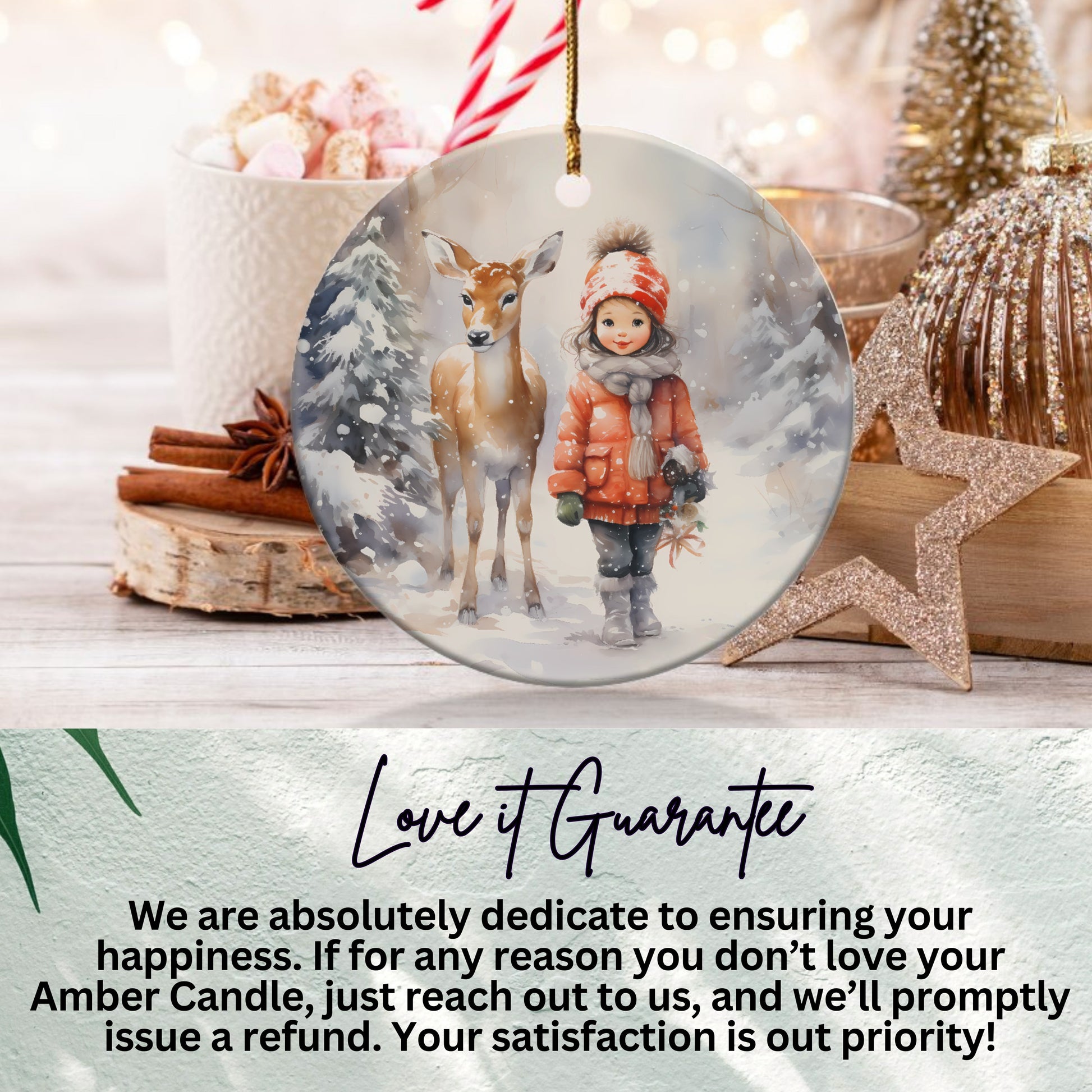 Cute Holiday Ornament with Child and Deer Product Type